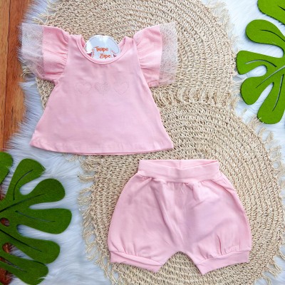 Conj. Blusa Corações com Manga em Tule e Short - Rose 